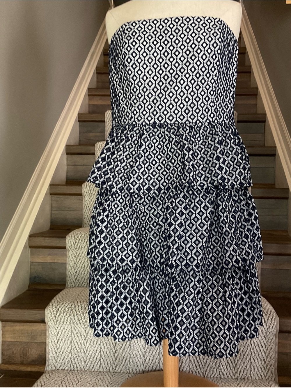 WHBM Navy and White Eyelet Strapless Dress